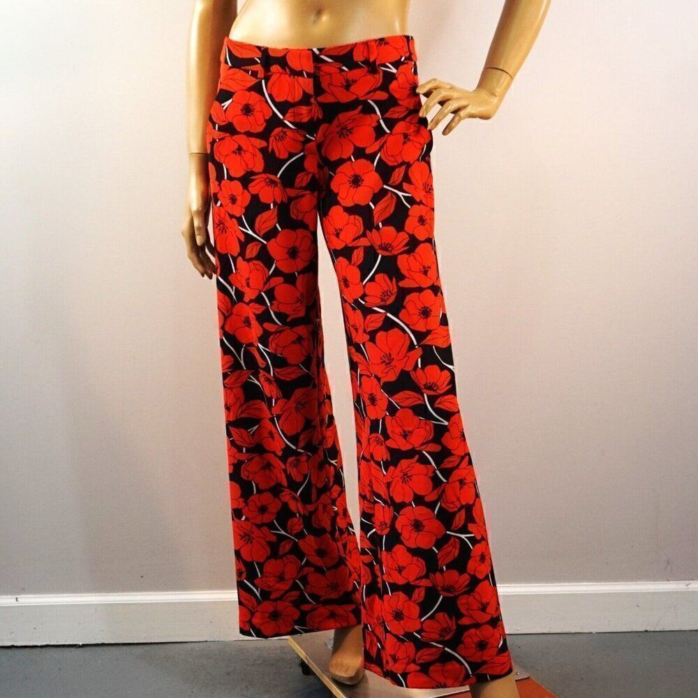 New York & Company Stretch Pants Wide Leg Poppy Flower Black Red Sz 0 Small